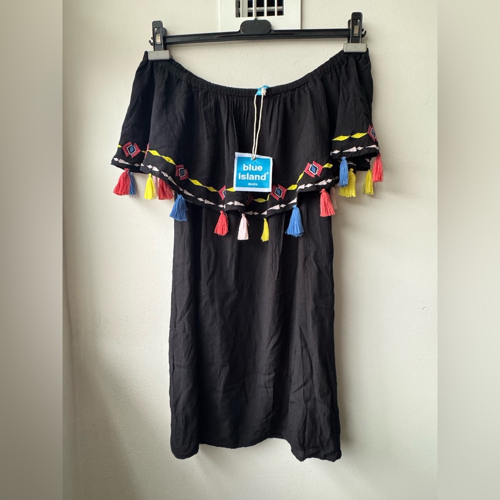NWT - Blue Island Black Off-Shoulder Dress with Colourful Tassels